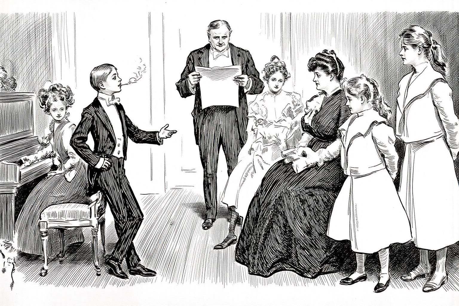 charlesdgibson1 illustration.A formal social gathering set in a Victorian-era parlor. In the center-left,  a young boy dre...