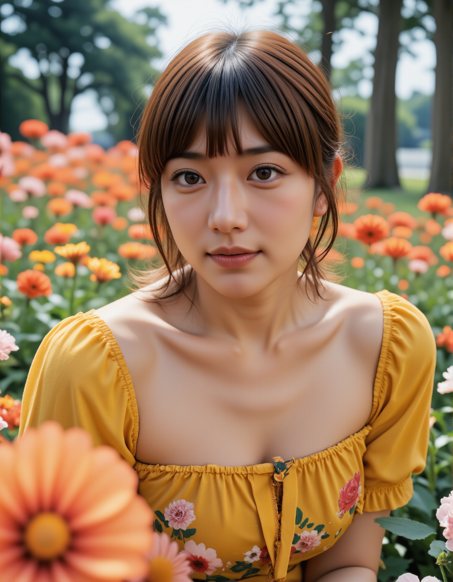 A young woman with fair skin and shoulder-length,  wavy auburn hair sits in a field of blooming orange and pink flowers. S...