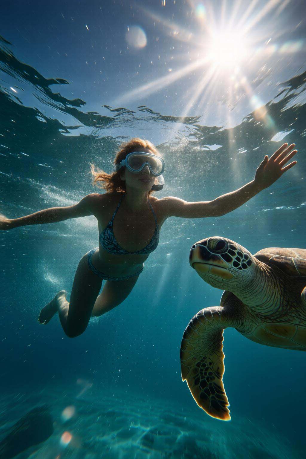midjourneylowangle11q Low angle shot. woman swimming underwater. The woman is wearing a one piece swimsuit,  and she is we...