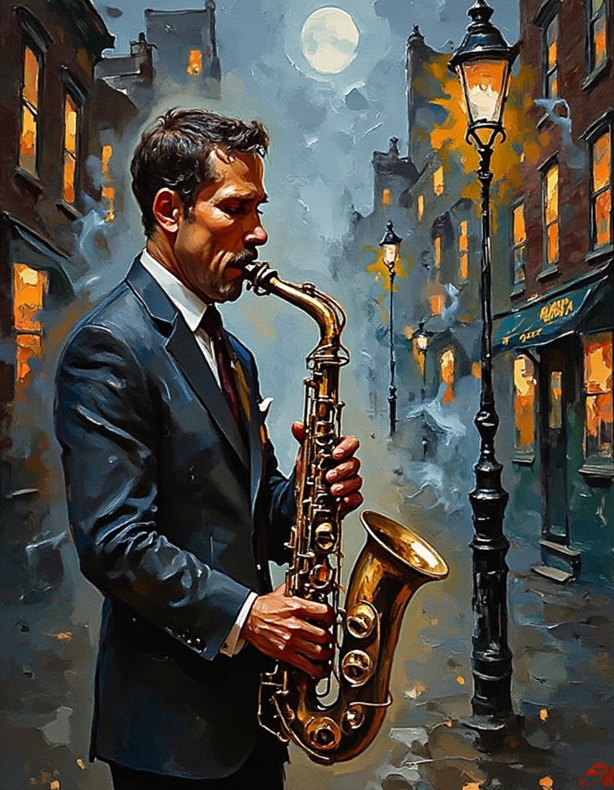 A dibrshstrk style painting,  ,  vintage jazz saxophonist playing under a streetlamp on Tensor.Art