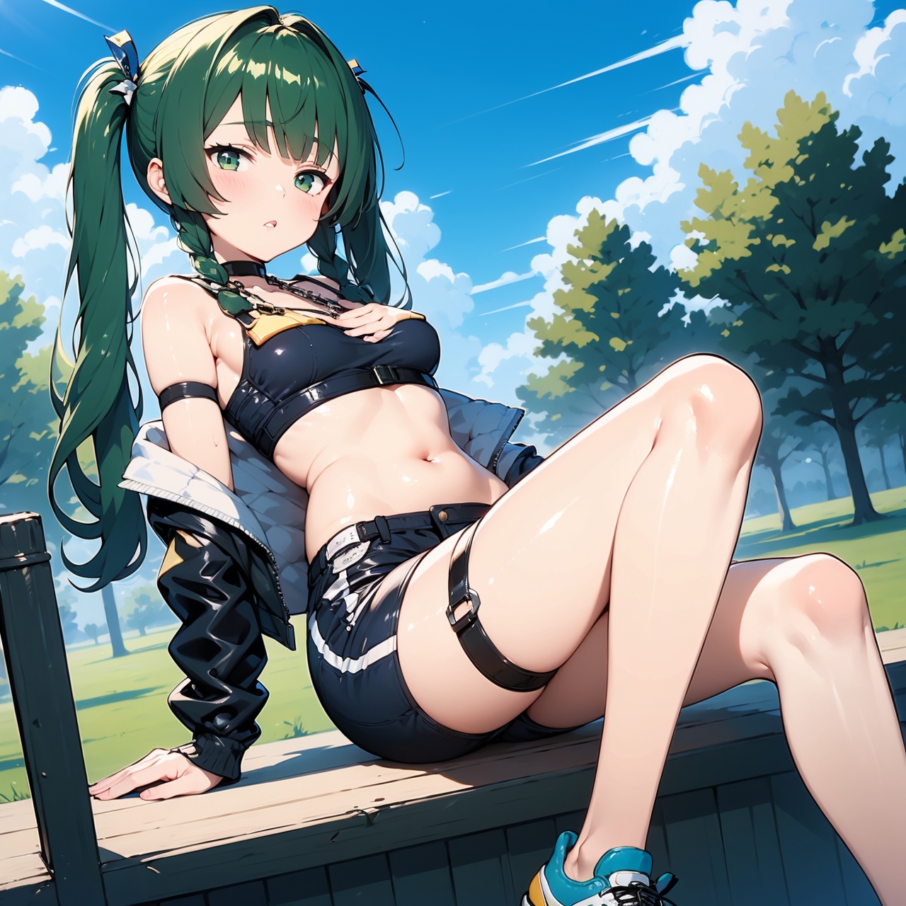 1girl,solo,long hair,breasts,looking at viewer,bangs,hair ornament,long sleeves,holding,bare shoulders,twintails,sitting,green eyes,collarbone,jacket,braid,sidelocks,thighs,small breasts,outdoors,parted lips,green hair,open clothes,sky,shoes,shorts,day,socks,midriff,cloud,off shoulder,twin braids,open jacket,blue sky,crop top,kneehighs,short shorts,dutch angle,feet out of frame,black shorts,blue jacket,black socks,building,fence,arm strap,chain-link fence,qing-yi,
