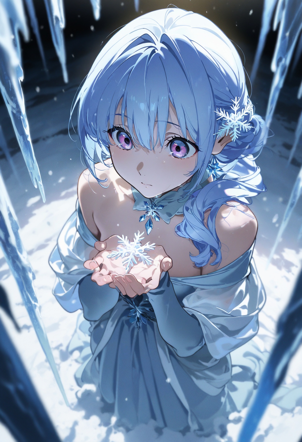 masterpiece,best quality,amazing quality,very aesthetic,absurdres,newest,impactful picture,offcial art,movie perspective,yoneyama mai,,cute painting style,dark,dramatic lighting,cold colors,from_above, a frost enchantress moves gracefully through the frozen landscape. Her skin shimmers like ice, and her long, silvery-blue hair trails behind her like a frozen river. She wears a gown made of frost and icicles that glimmer in the faint moonlight. In her hands, she conjures a swirling snowstorm that seems to have a life of its own. The atmosphere is cold, eerie, and ethereal, with snowflakes gently falling, captured in a soft focus, highlighting the intricate details of her icy magic.