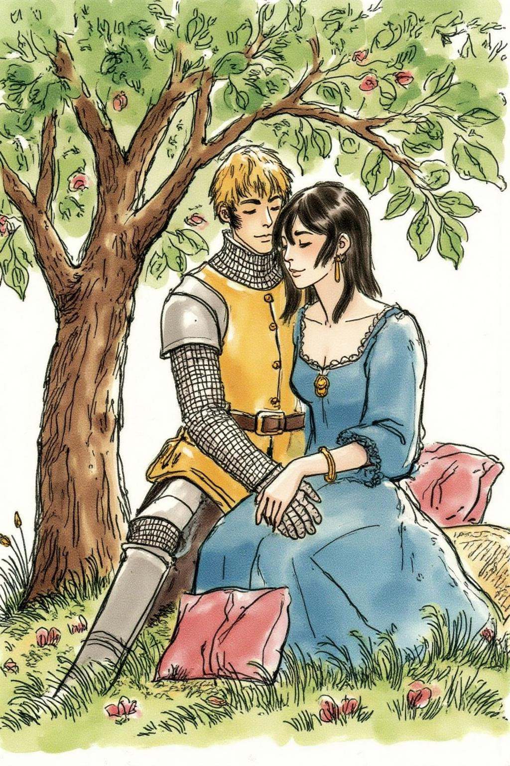 hugop1 illustration. A blonde knight and a lady sitting under a tree. The lady has dark hair and is wearing a blue dress....