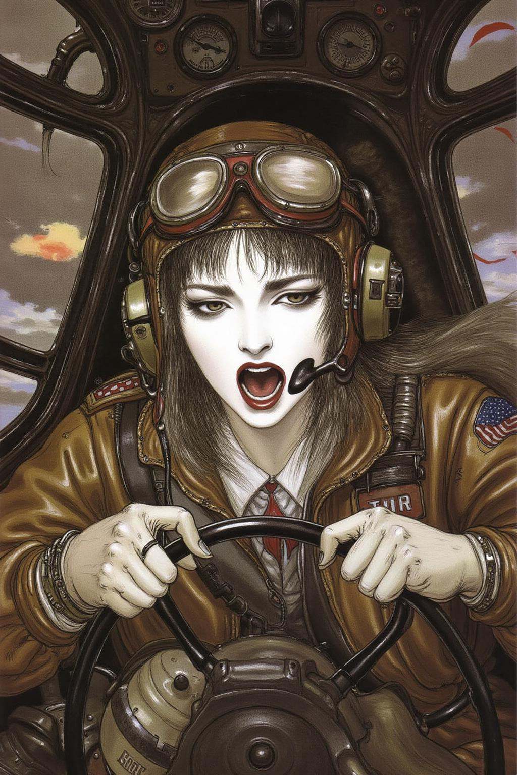 amayo illustration.A female pilot screaming inside the cockpit of a World War II bomber. The pilot,  wearing a vintage lea...