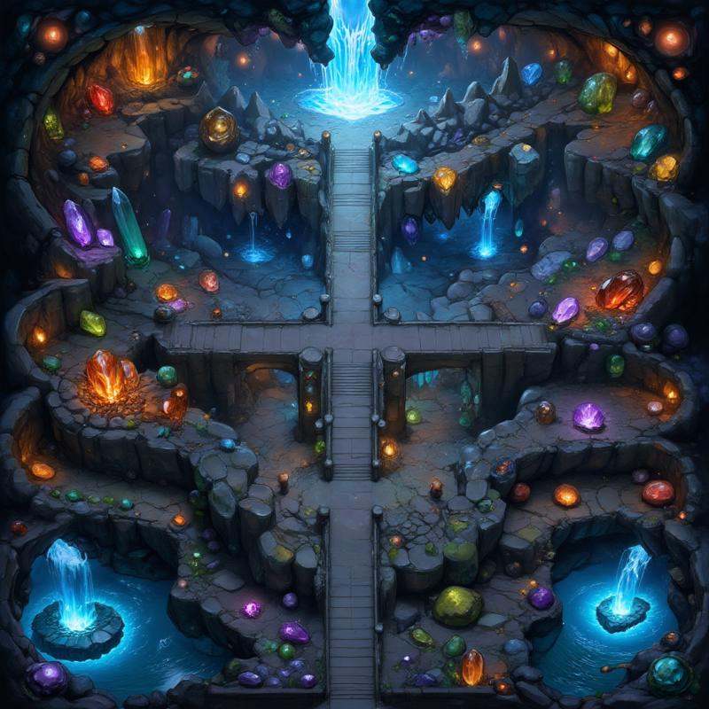 Description: A vast underground cavern filled with glittering crystals of various colors. The walls shimmer with a soft gl...