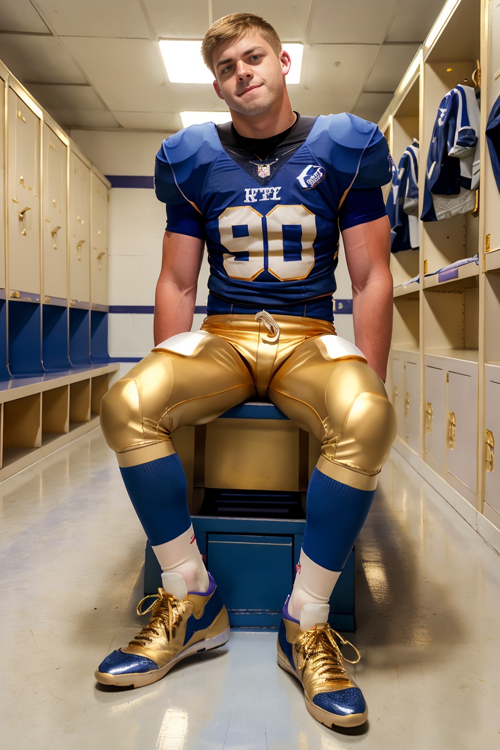 locker room,  sitting on a bench,  in front of lockers on Tensor.Art