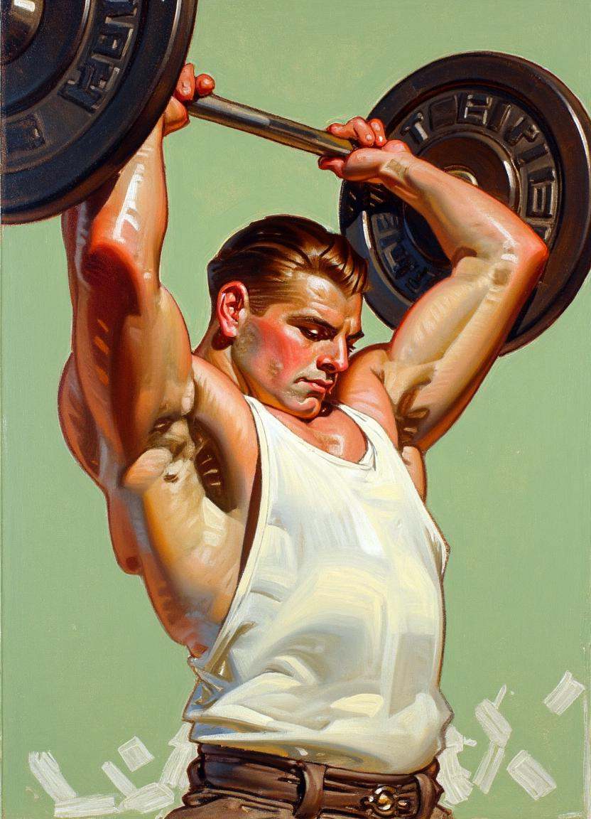 A cartoon illustration by j.c. leyendecker of a close up of a man with his arms raised high,  gripping and lifting a heavy...