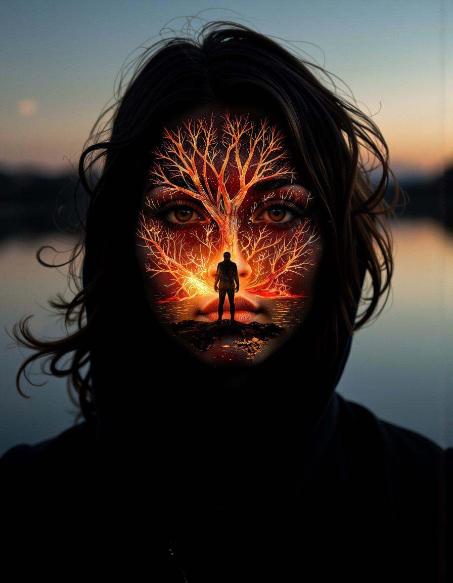 A highly detailed cinematic photography.Light Trails Photography by Aaron Siskind and Farah Mahbub of a person with head r...