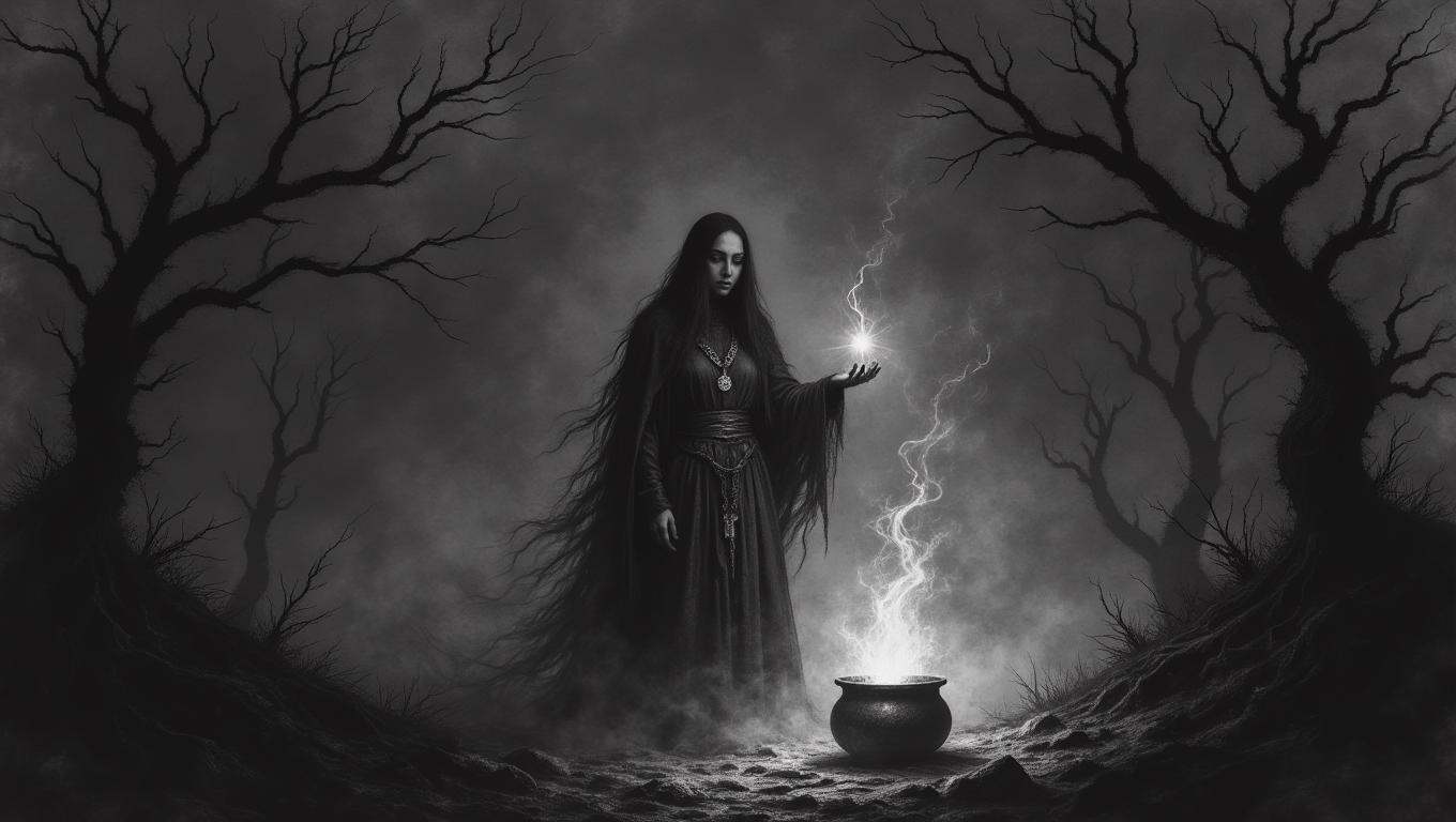 A mysterious medieval witch,  cloaked in tattered robes and adorned with strange amulets,  stands in the middle of a dark...