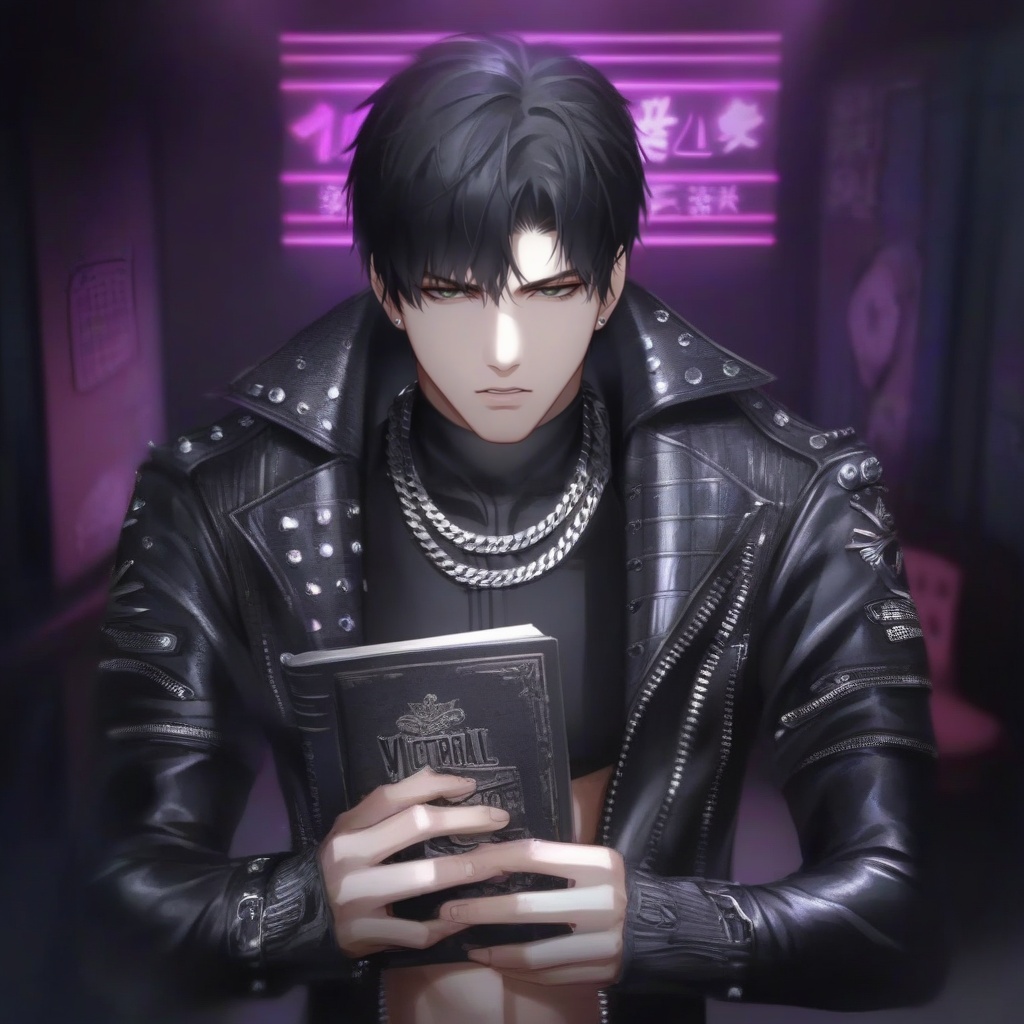 <lora:20241029-1730164497477:0.8>,The image is a digital illustration of a young man with black hair and a serious expression on his face. He is wearing a black leather jacket with silver studs and chains around his neck. The jacket has a high collar and long sleeves. He has a belt around his waist with a buckle. The man is holding a book titled "Victorial Crime" in his hands and appears to be reading it intently. The background is a dark room with a neon sign that reads "The Migshot". The overall mood of the image is dark and edgy.