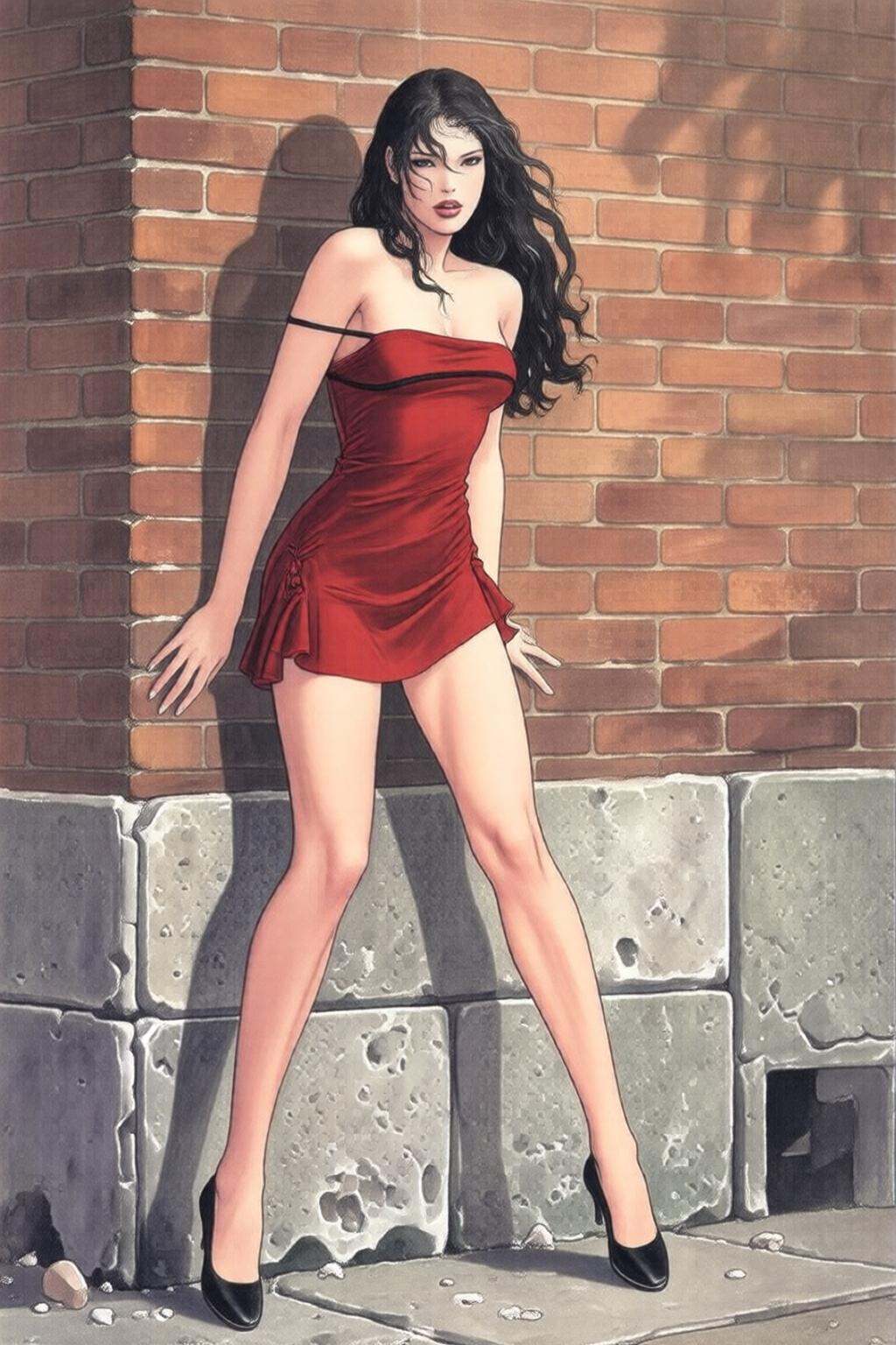 milomanara7q illustration. A woman stands in front of a brick wall. She is dressed in a short,  sleeveless red dress,  ado...