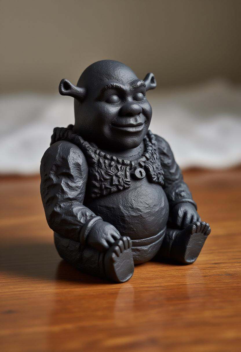 The image is a photograph of a small,  intricately detailed coal statue of Shrek,  sitting on a wooden table. on Tensor.Art