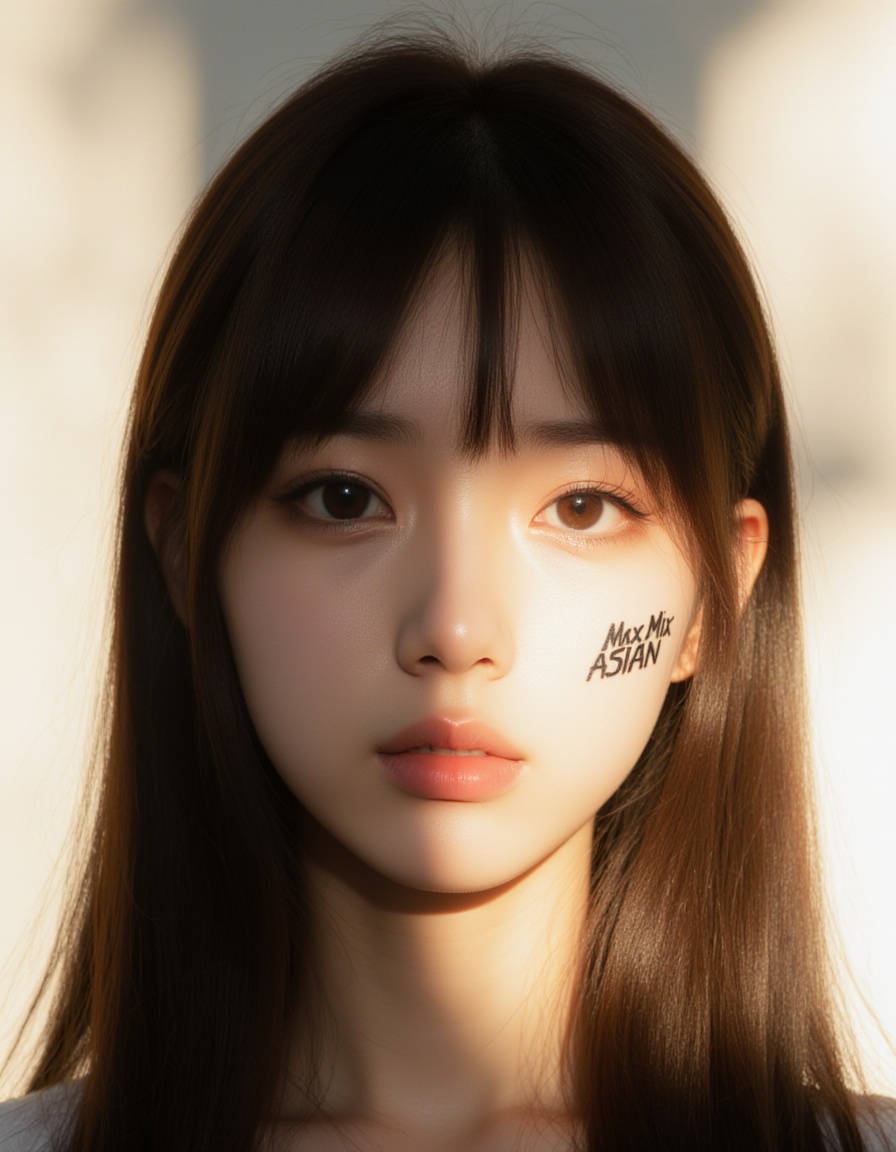Close-up shot of a Japanese girl with rich brown hair,  "Max-Mix ASIAN" stylish tattoo on cheek,  illuminated by warm sunl...