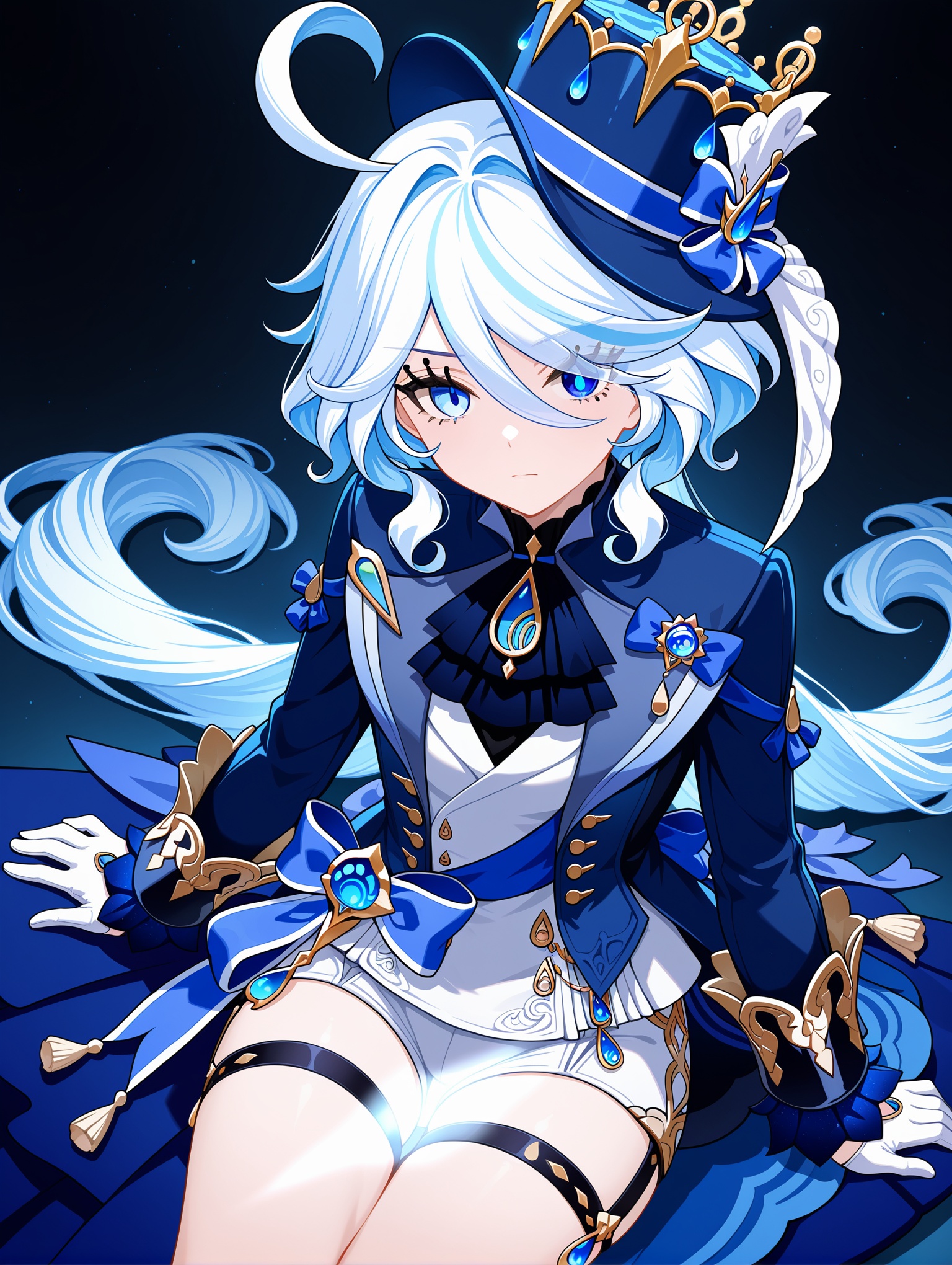 1girl, furina \(genshin impact\), genshin impact, ahoge, ascot, bare legs, black ascot, blue eyes, blue hair, blue headwear, blue jacket, blue sash, brooch, eyelash ornament, gloves, jacket, jewelry, long hair, long sleeves, looking at viewer, sash, short shorts, shorts, sitting, solo, thigh strap, thighs, very long hair, white gloves, white shorts light censor., creates a striking contrast with the dark background and highlights the character's features. the overall mood of the image is mysterious and edgy,masterpiece,best quality,amazing quality,