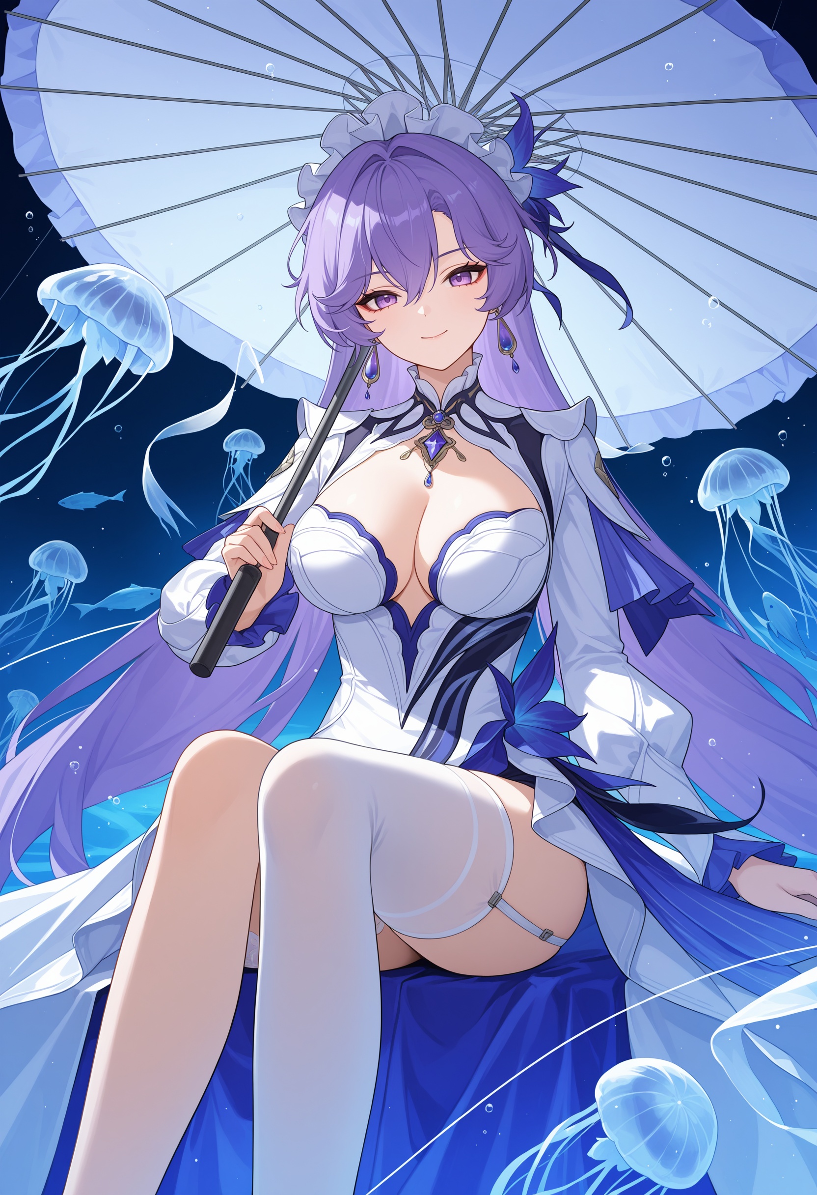 <lora:Cantarella_illustrious-000030:1>,Cantarella \(wuthering waves\),1girl,breasts,long hair,solo,white dress,umbrella,holding,purple hair,jellyfish,holding umbrella,looking at viewer,cleavage,very long hair,smile,sitting,purple eyes,large breasts,single sock,fish,long sleeves,hair between eyes,closed mouth,feet out of frame,white thighhigh,single thighhigh,garter stocking,asymmetric socks