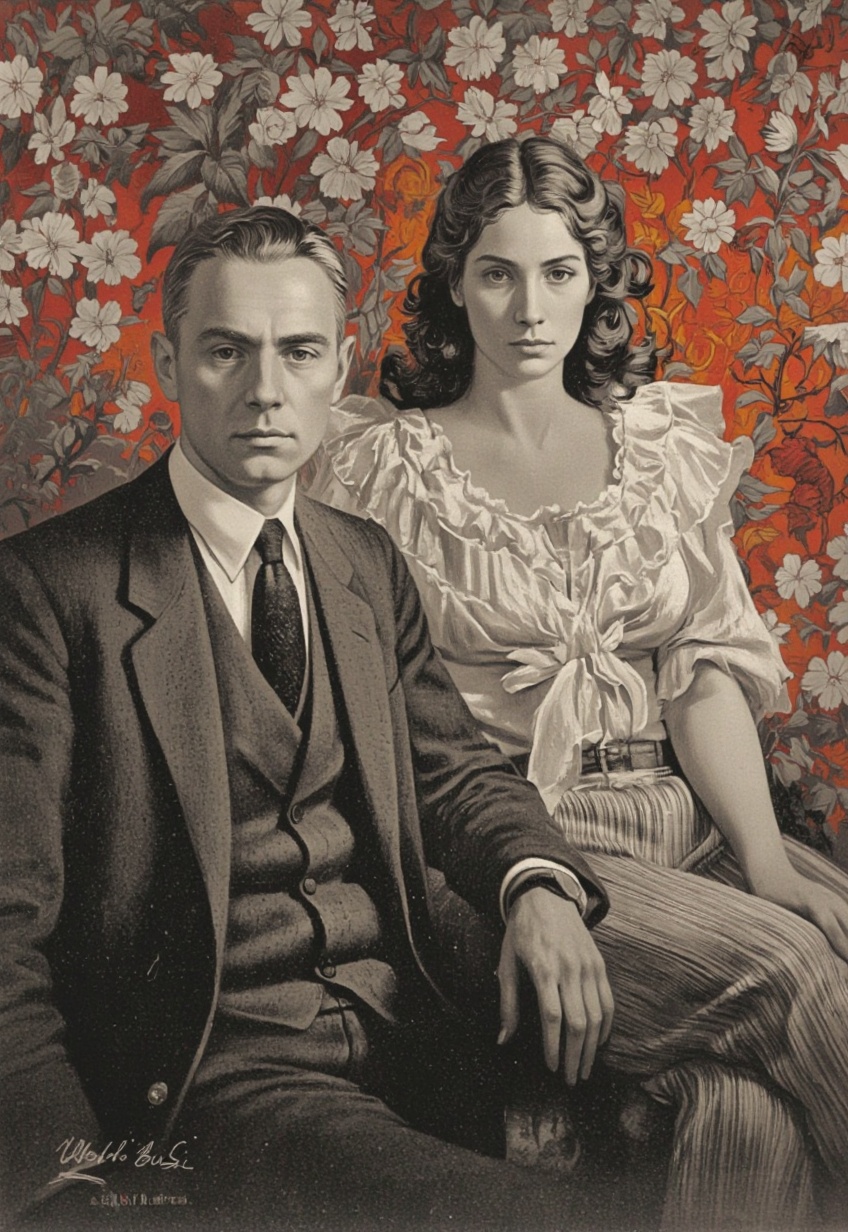 RobGin style. A black and white,  sepia-toned,  vintage illustration from a portrait camera angle on Tensor.Art