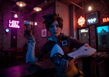 Tracer is a woman having a beer in a cyberpunk pub,  neon lights on Tensor.Art