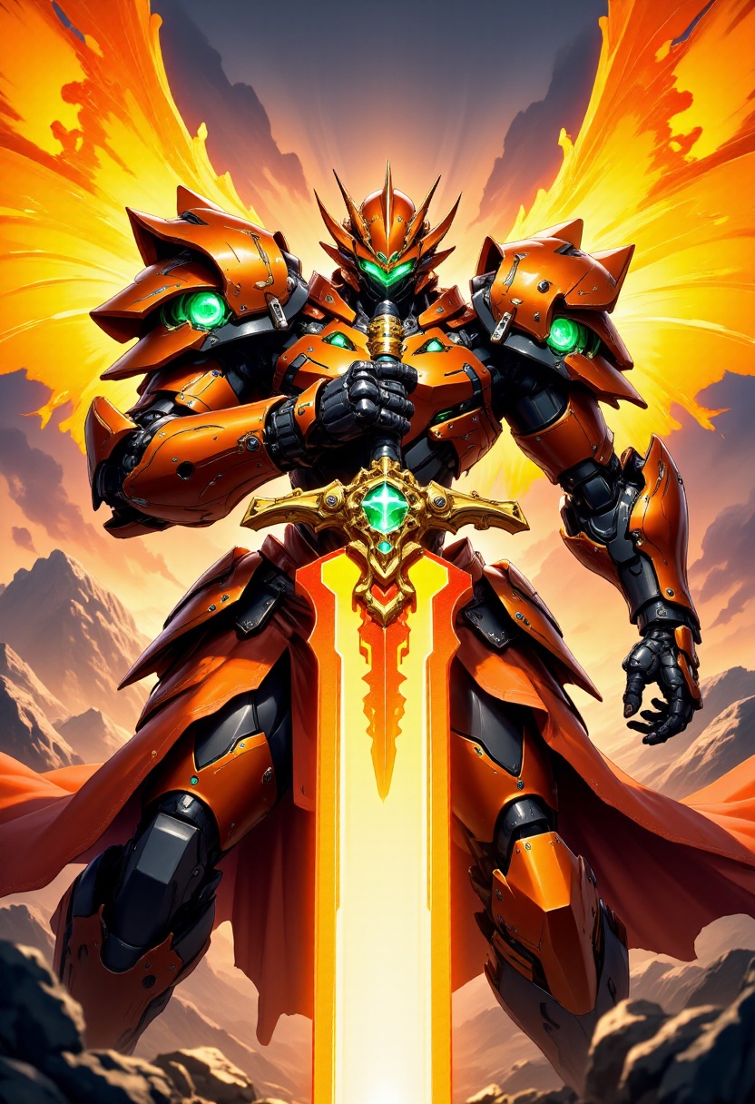 A cinematic realistic anime illustration of agiant orange mecha knight,  giant orange glowing mecha wings on his back,  gr...