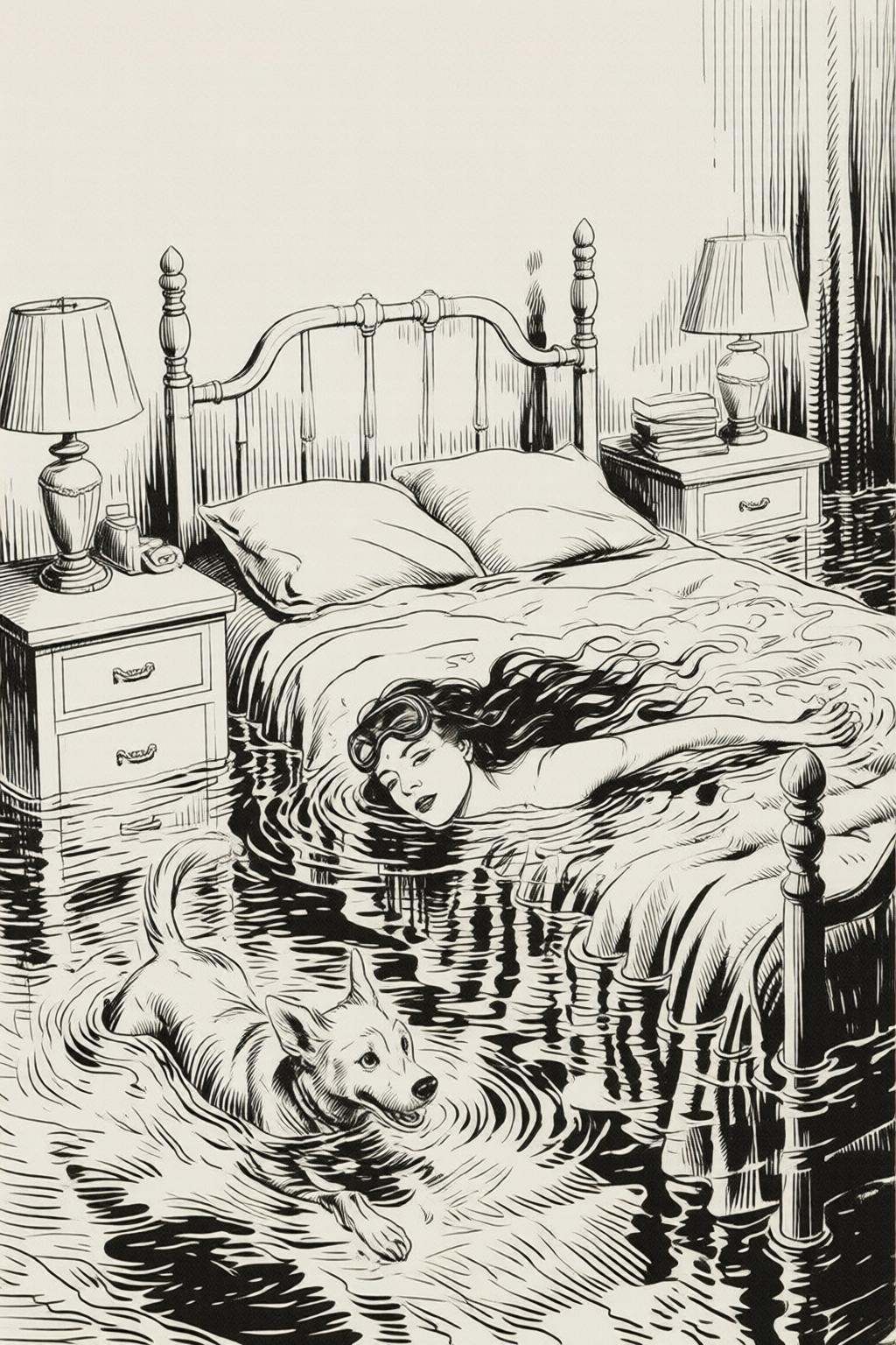 alexraymond2q illustration. Black and white drawing. a woman and her dog swimming in a bedroom completely filled with wate...