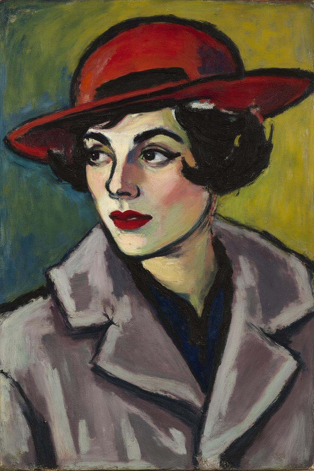henrylymansayen1 painting.keesvandongen1. A woman with a red hat,  shown in side profile view. She is turning her head sid...