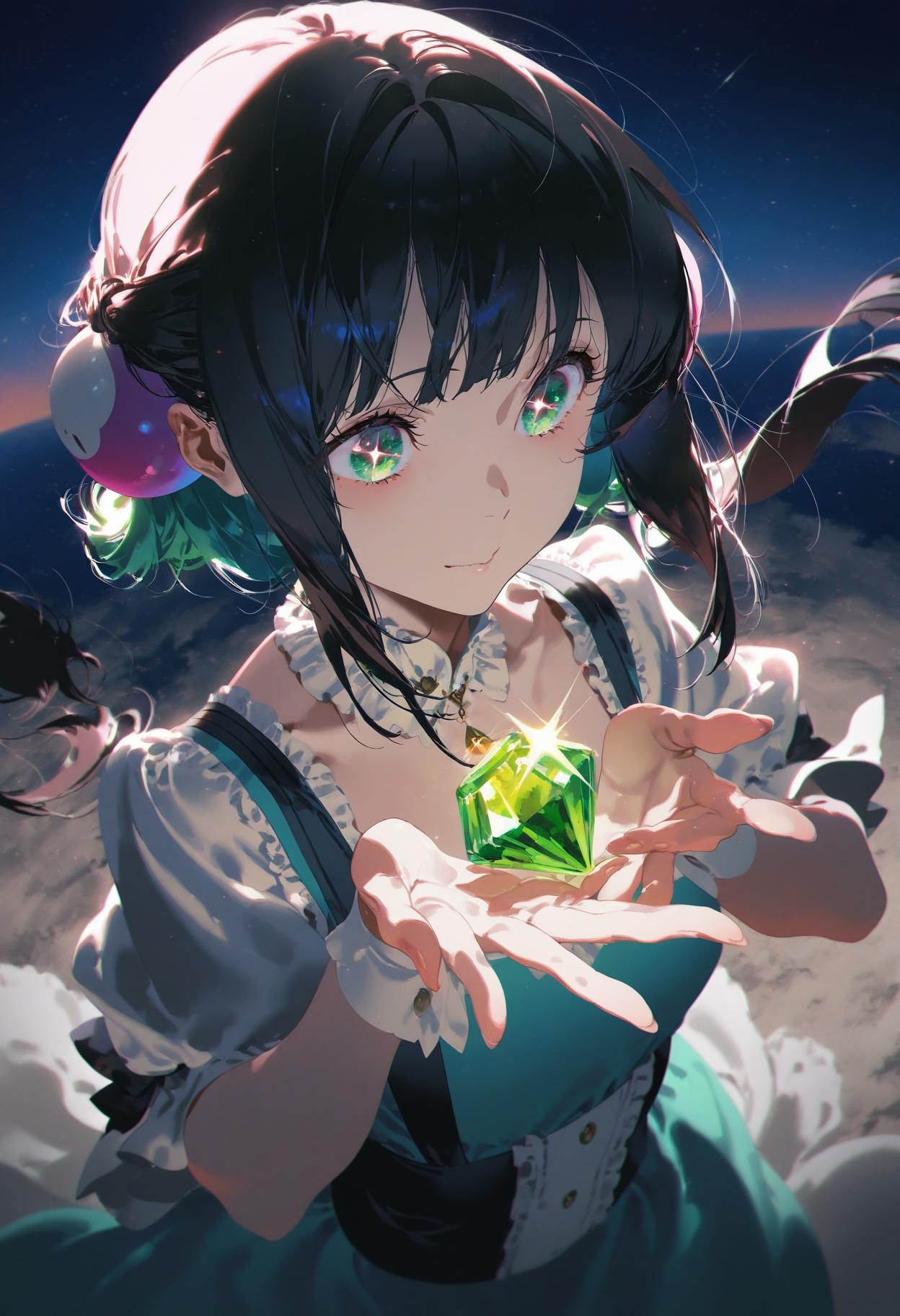 masterpiece,best quality,amazing quality,very aesthetic,absurdres,newest,impactful picture,offcial art,movie perspective,yoneyama mai,(aos:0.5),(fajyobore:0.5),(chiaroscuro:0.5),cute painting style,dark,The girl was wearing a turquoise suspender dress, looking at the sky, her emerald eyes sparkling, the dress exuding a charming brilliance, and the sparkling mist fell from the dress and filled the air,