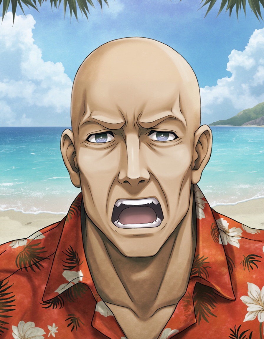 an angry bald man wearing a hawaiian shirt on the beach on Tensor.Art