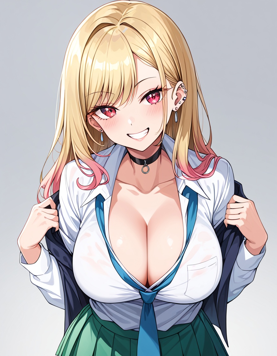 kitagawa marin,  A young woman with blonde hair and pink eyes. she is wearing a blue blouse and has a big smile on her fac...