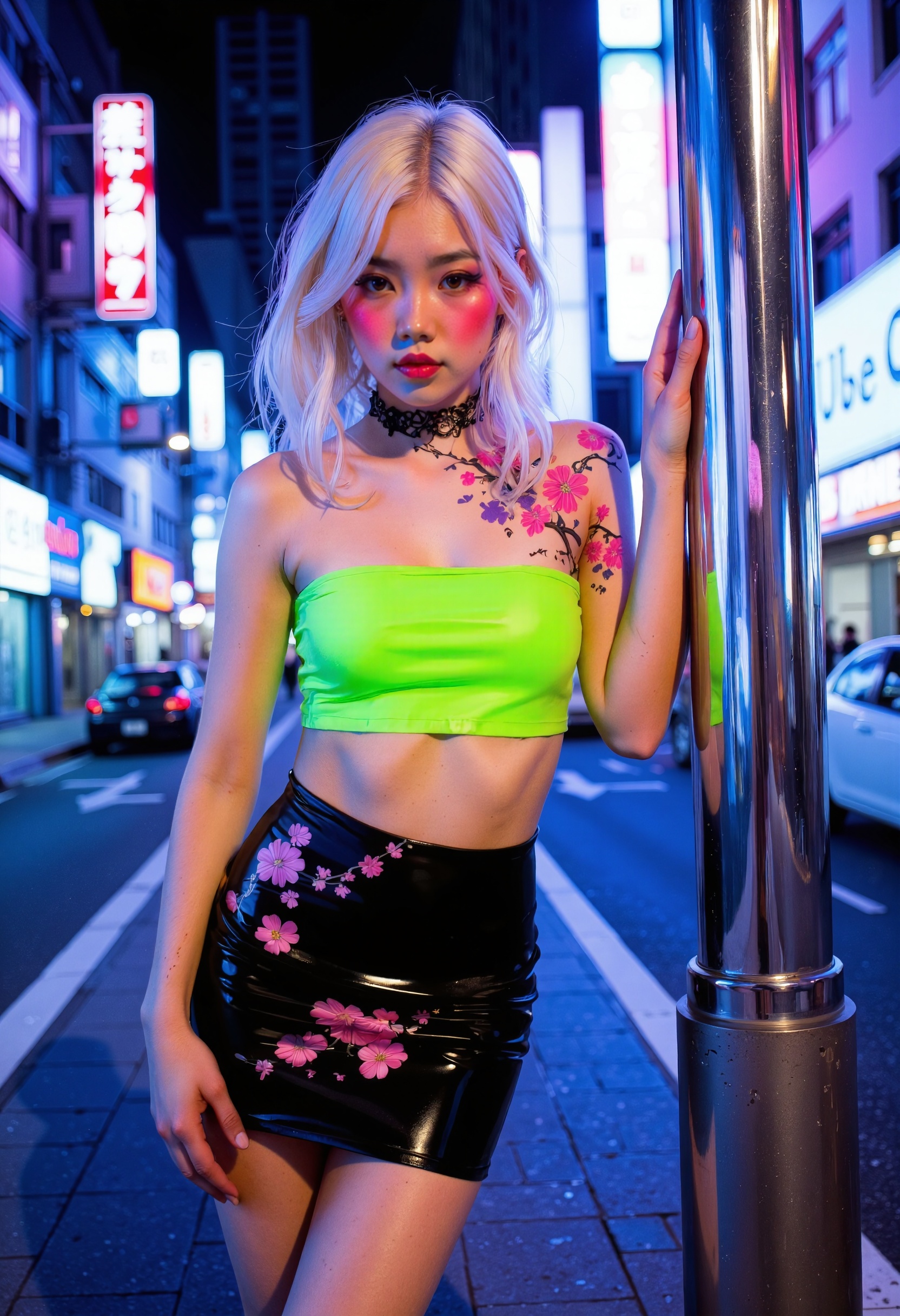 A photograph of a 18-year-old Japanese girl,  dressed in a bespoke latex hakama skirt and a form-fitting,  neon green late...