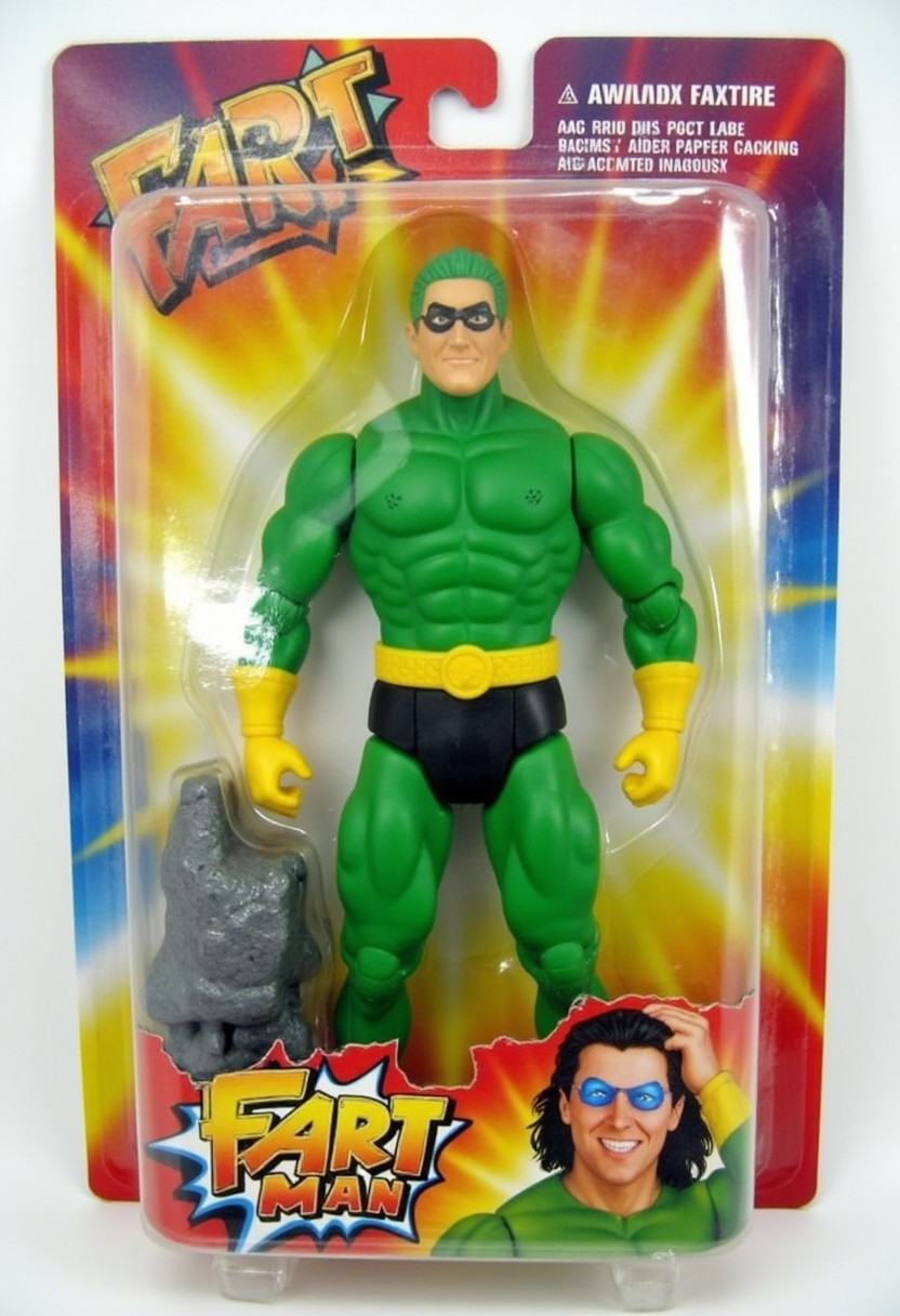 The image is a photograph of a packaged action figure of Fart Man - a green themed superhero. on Tensor.Art