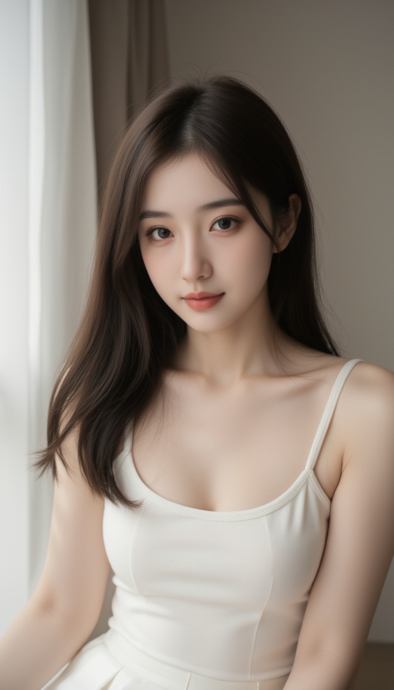 A high-quality photograph of a young woman with long,  straight black hair and fair skin,  sitting in a well-lit room with...