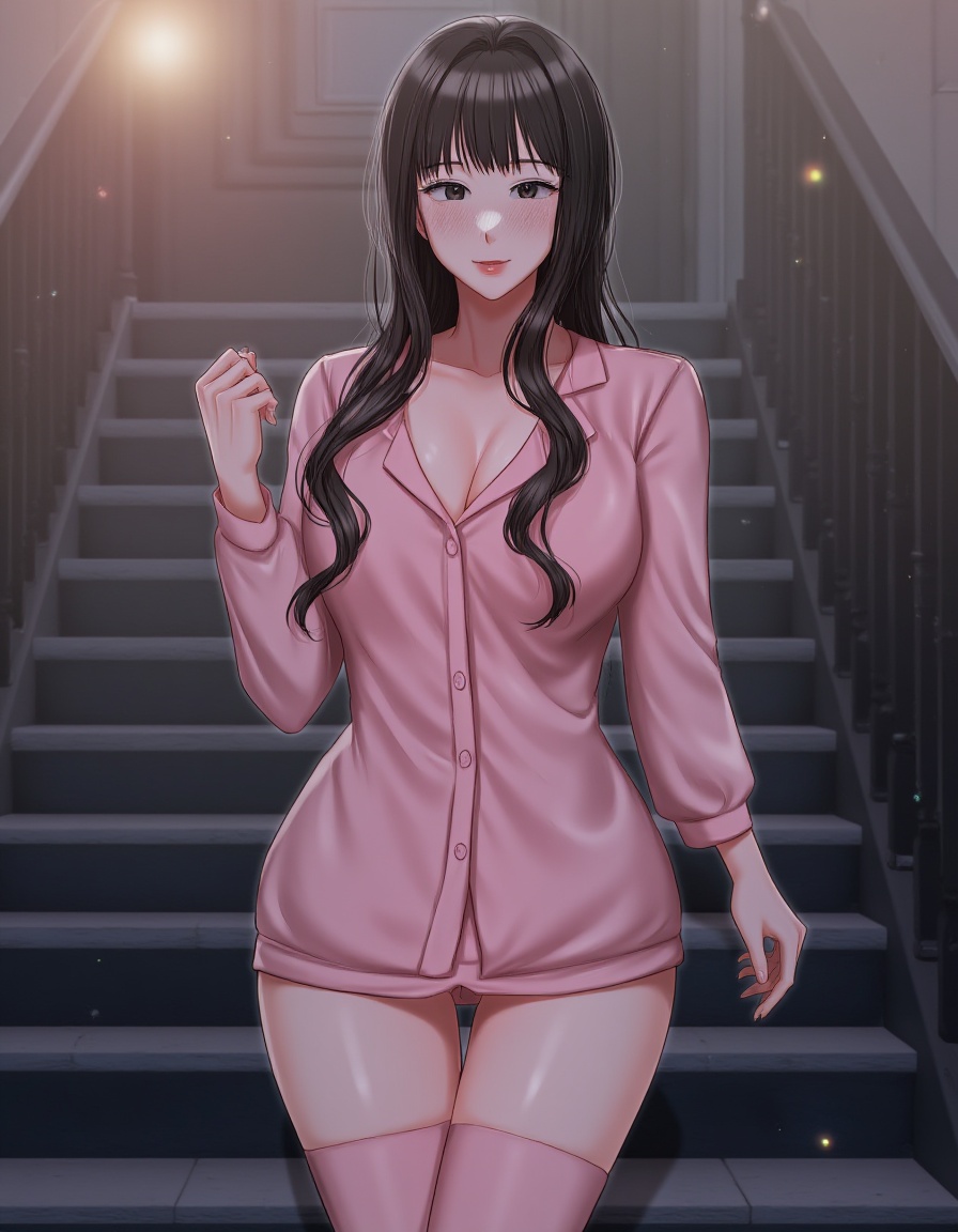 HyeRes Style. A woman with black hair wearing a pink pajama with pink knee-high stockings walking down the stairs at night...