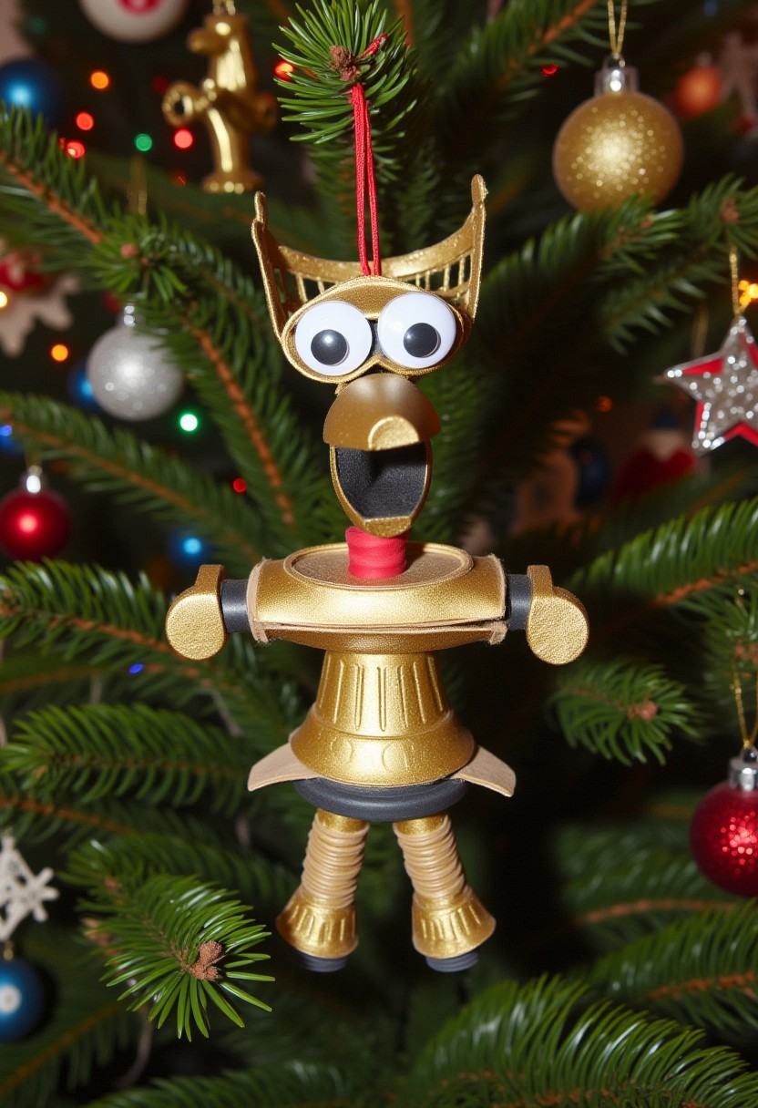 Photograph of a festive,  whimsical,  handmade Christmas decoration in the form of a humanoid gold-plated robot with a bir...