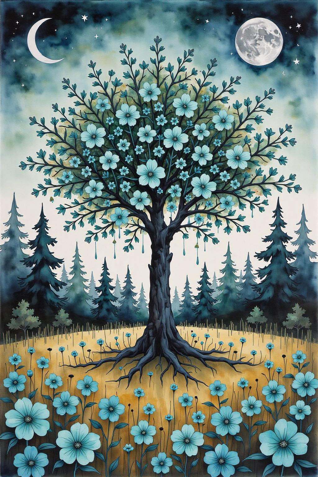 yawc1 watercolor. Full shot of a vibrant painting. A large central tree,  rendered in deep black,  is adorned with numerou...