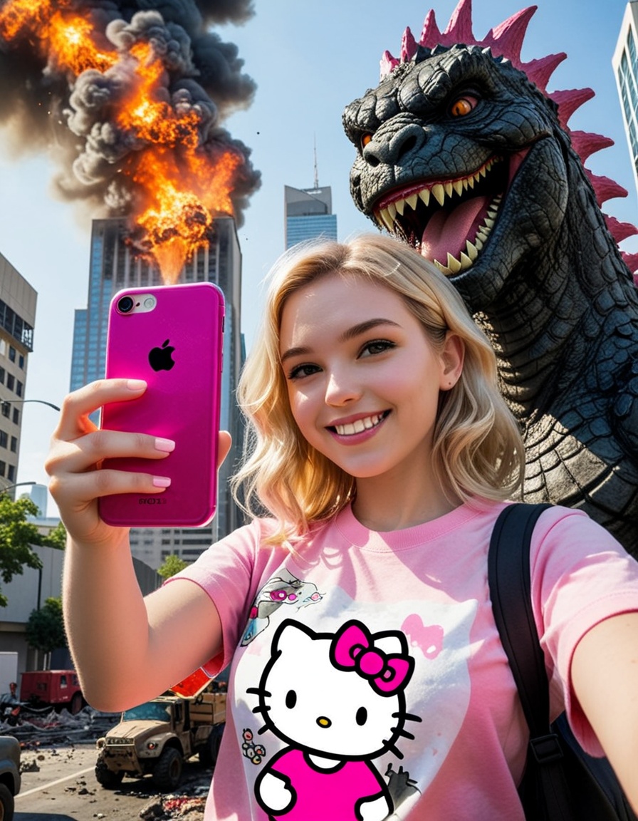 a beautiful blonde girl smiling and taking a selfie with an iphone,  dressed with a hello kitty pink t-shirt, on Tensor.Art
