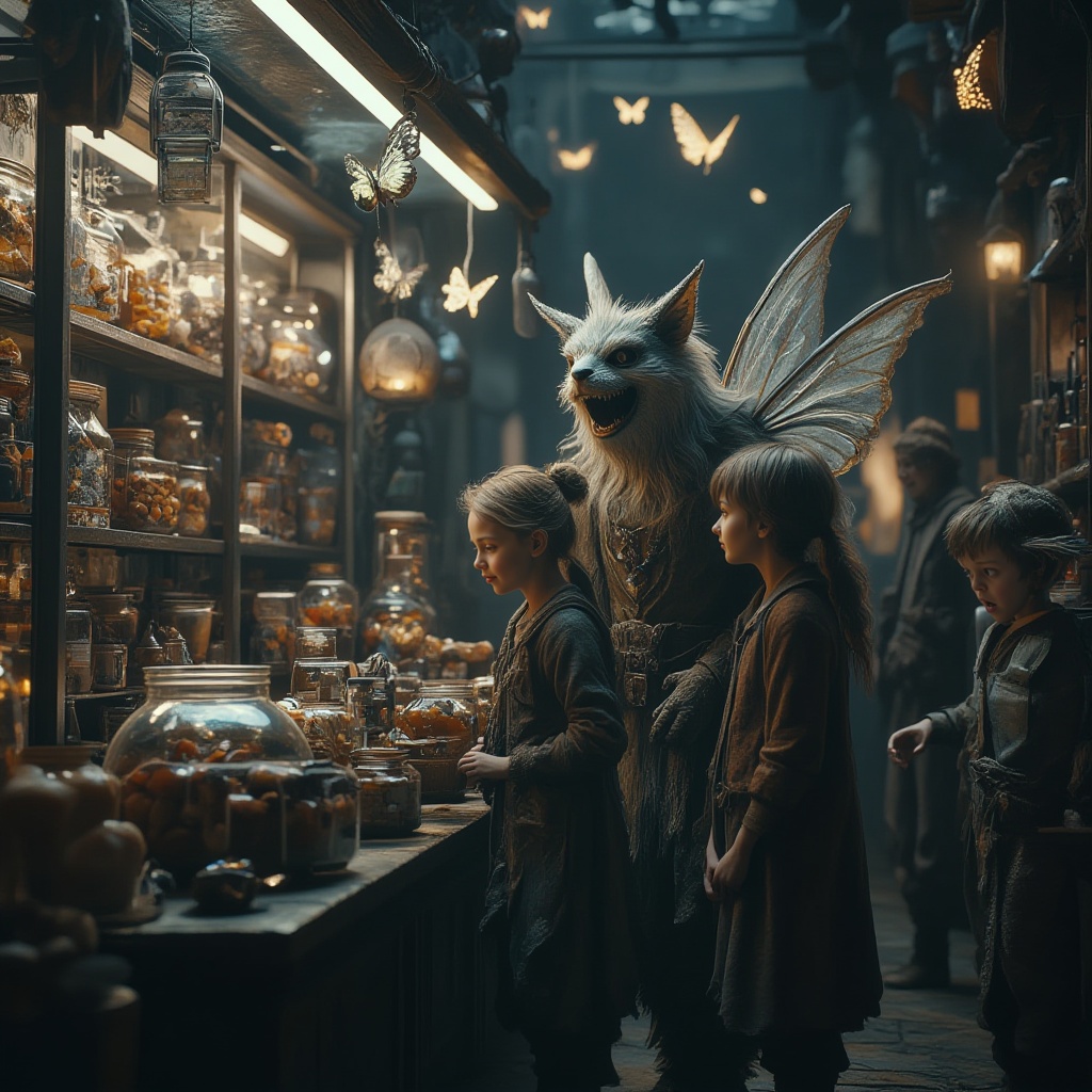 cinematic film still professional 3d model "A fairy creature joyfully interacts with two children in a magical shop filled...