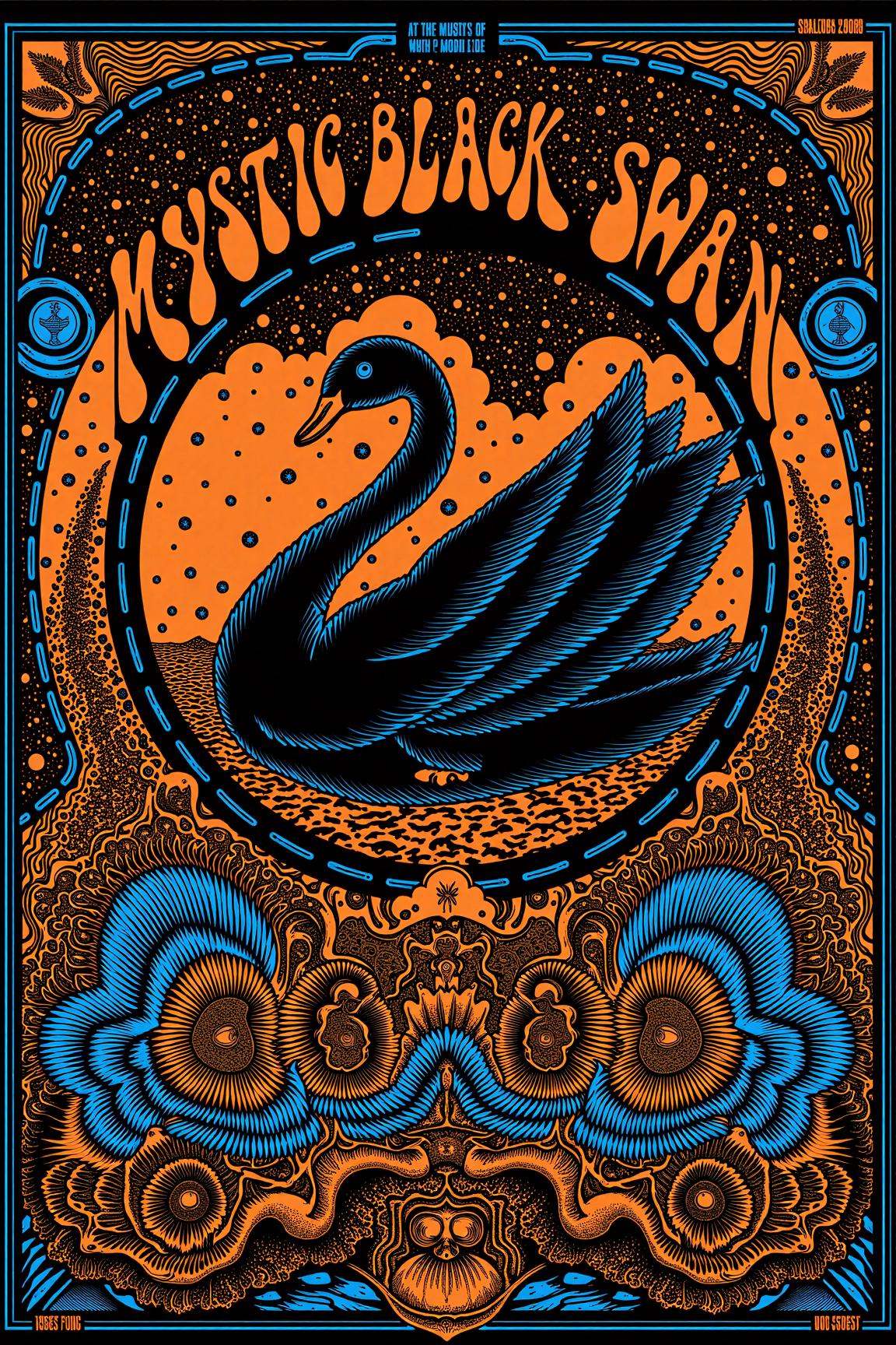 psypop,  70s psychedelic style poster of a "Mystic Black Swan" psychedelic 1970s pop art poster,  enigmatic black swan sur...