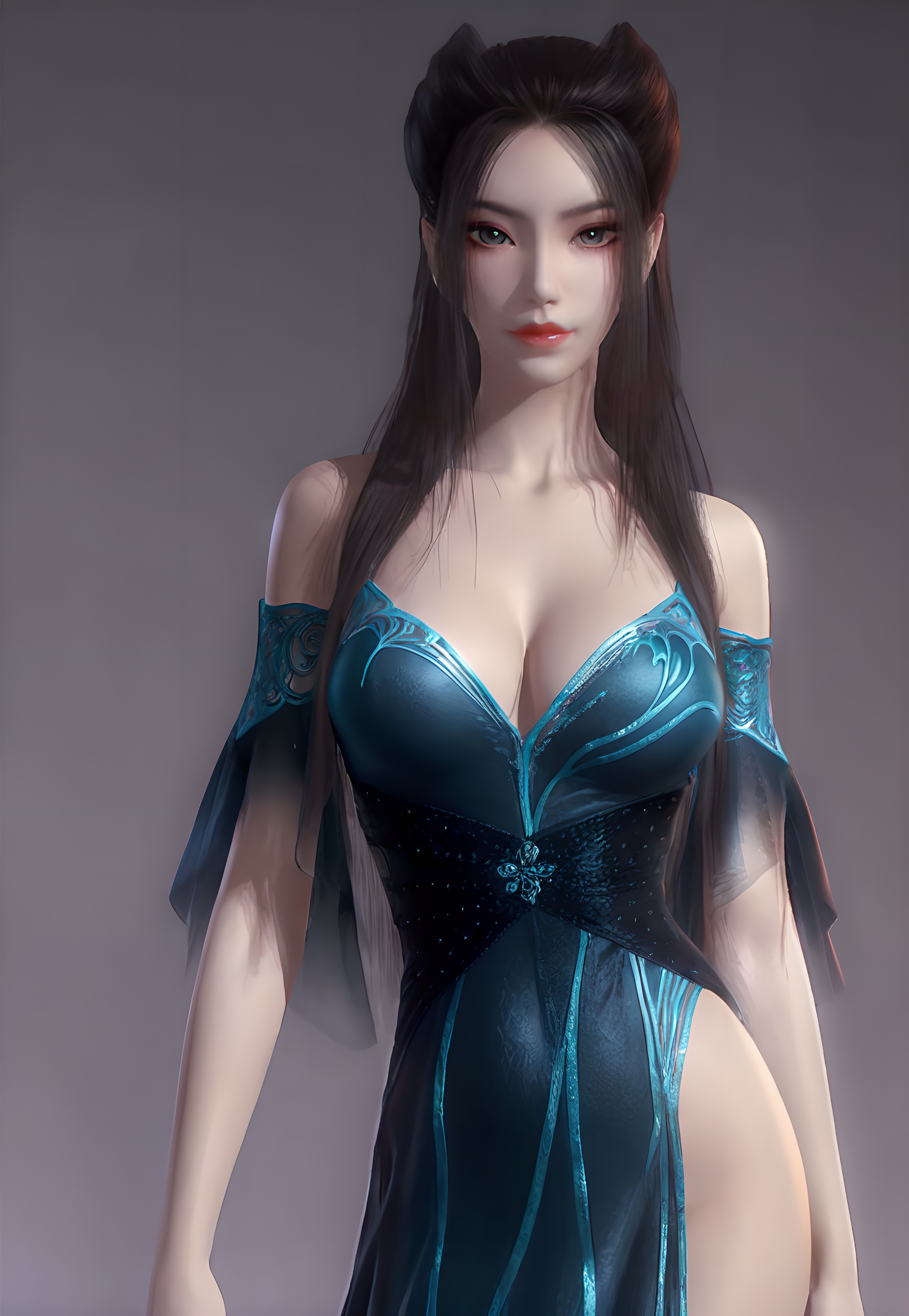 score_9,score_8_up,score_7_up,<lora:SF_YanLingJiBlueCothes_Pony-000004:0.7>,1girl,solo,standing,dress,breasts,large breasts,highleg,red lips,jewelry,looking at viewer,white background,