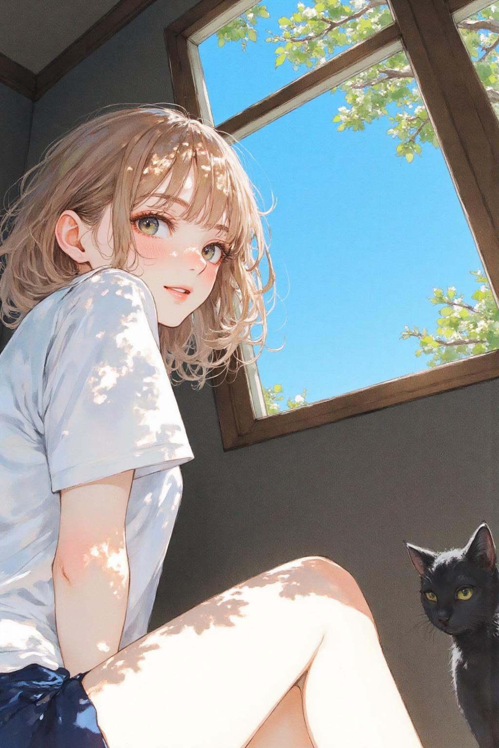 nijiwatercolor1q anime illustration.Low-angle view of a young woman,  shown in side profile,  sitting by a window. She is...