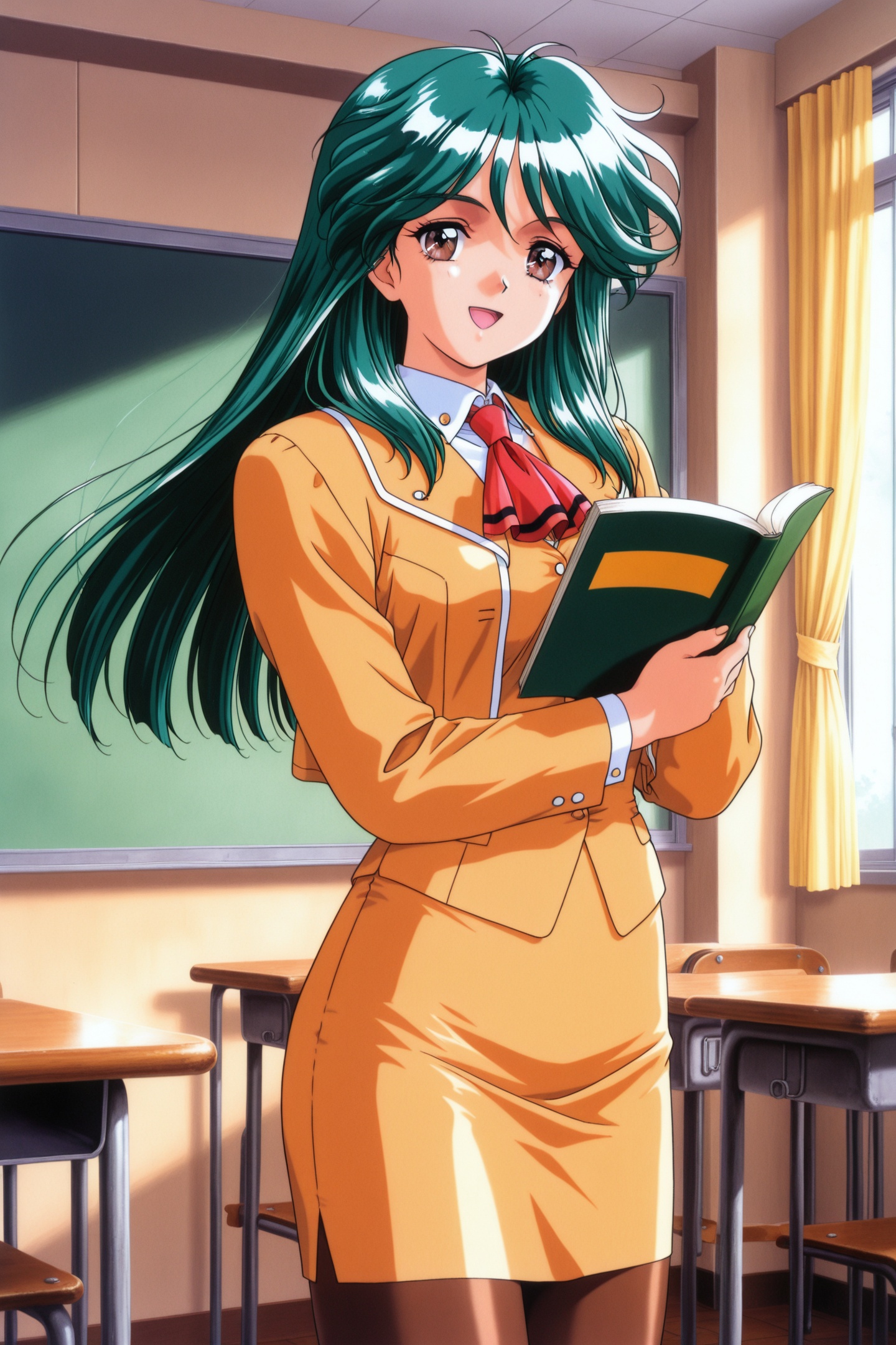 Original Style,Aso Kasumi,1girl,solo,pantyhose,green hair,long hair,skirt,brown eyes,ascot,brown pantyhose,pencil skirt,smile,open mouth,indoors,jacket,1990s \(style\),looking at viewer,long sleeves,standing,classroom,holding book,<lora:Tokimeki Memorial 2_illustriousXL_v2:0.9>,