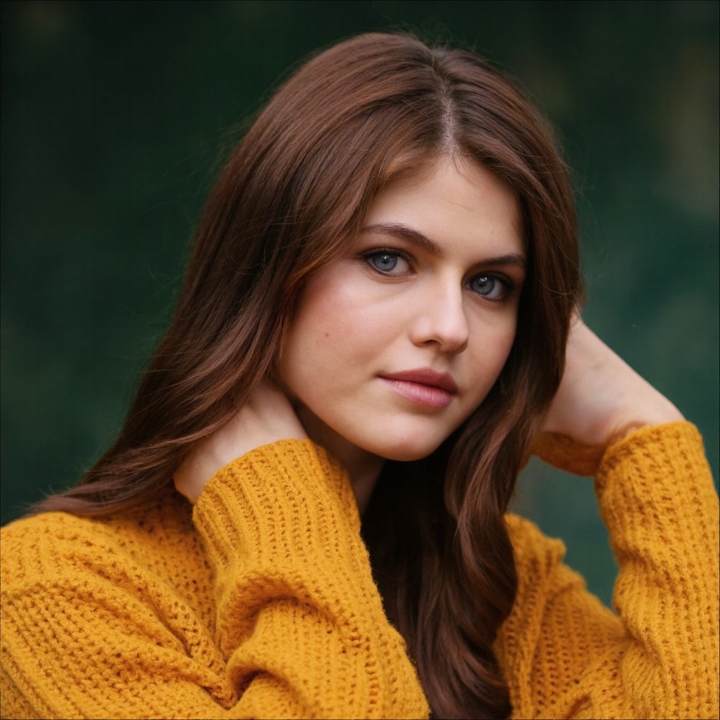 A portrait of alexandra_daddario with long,  reddish-brown hair,  set against a blurred green background. She wears a must...