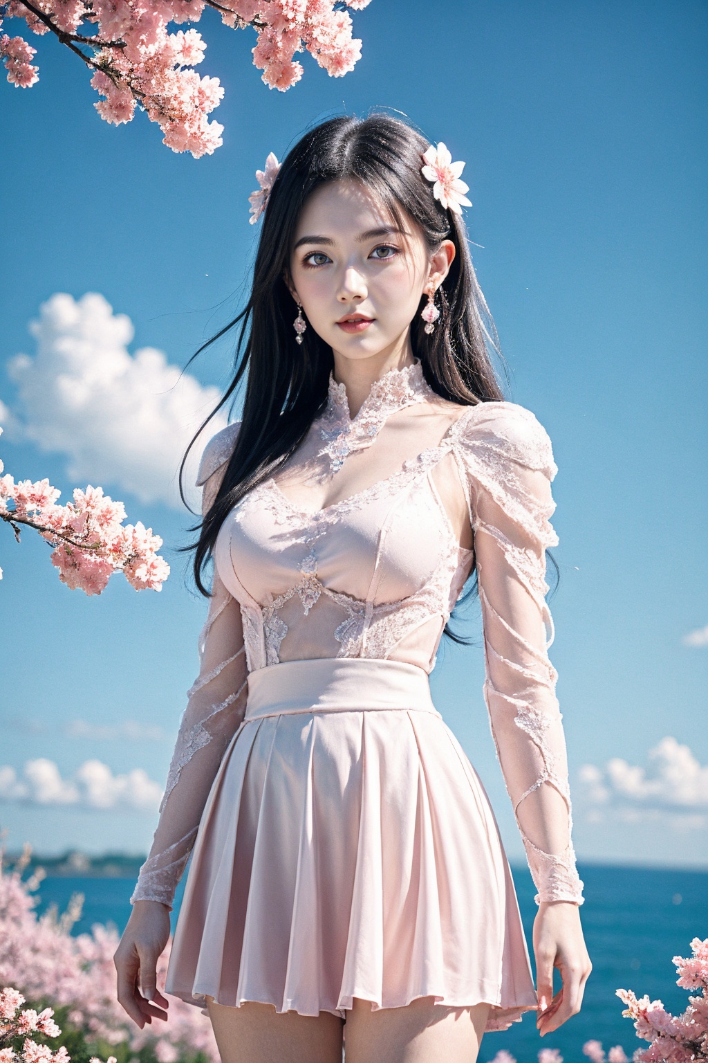 1girl, solo, earrings, hair ornament, jewelry, flower, long hair, black hair, sky, hair flower, see-through clothes armor, short skirt, looking at viewer, dress, outdoors, pink flower, cherry blossoms, cloud, blue sky, breasts,