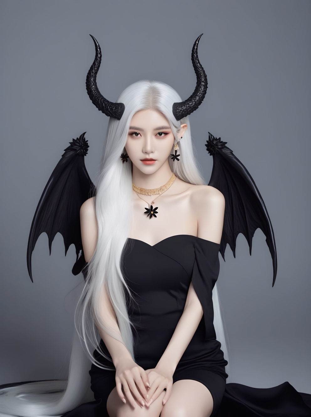 JIYE Beauty.Asian,1Girl,long hair,white hair,devil's horns,demon wings,black dress,gorgeous golden jewelry,shoulder-exposed,long legs,beautiful face,perfect female body,white theme,background large black flower,
