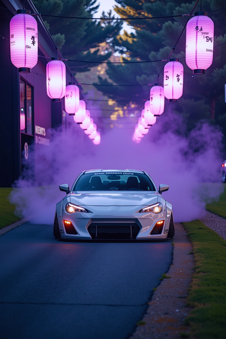 A mystical Toyota 86,  with its sleek design gleaming in the soft purple haze of the forest,  stands proudly beneath an ar...