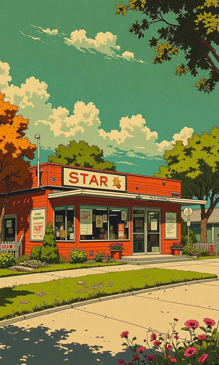 1950s suburban landscape of burnt sienna,  olive green and lime (Star Trading Post: 1.2),  designed by Edmund Dulac on Ten...