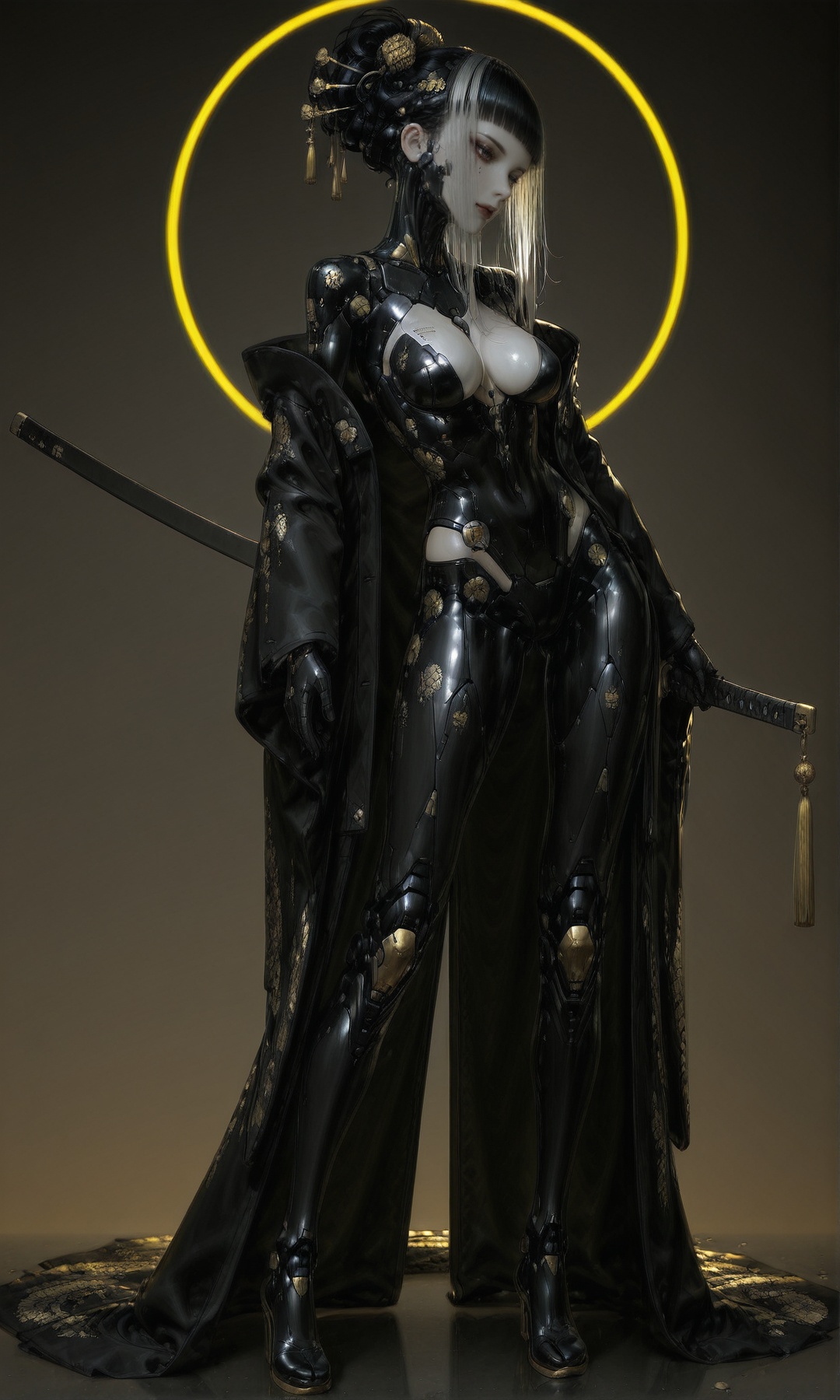 cyberpunk geisha with a katana,  black and gold color scheme,  metallic cyborg enhancements on Tensor.Art