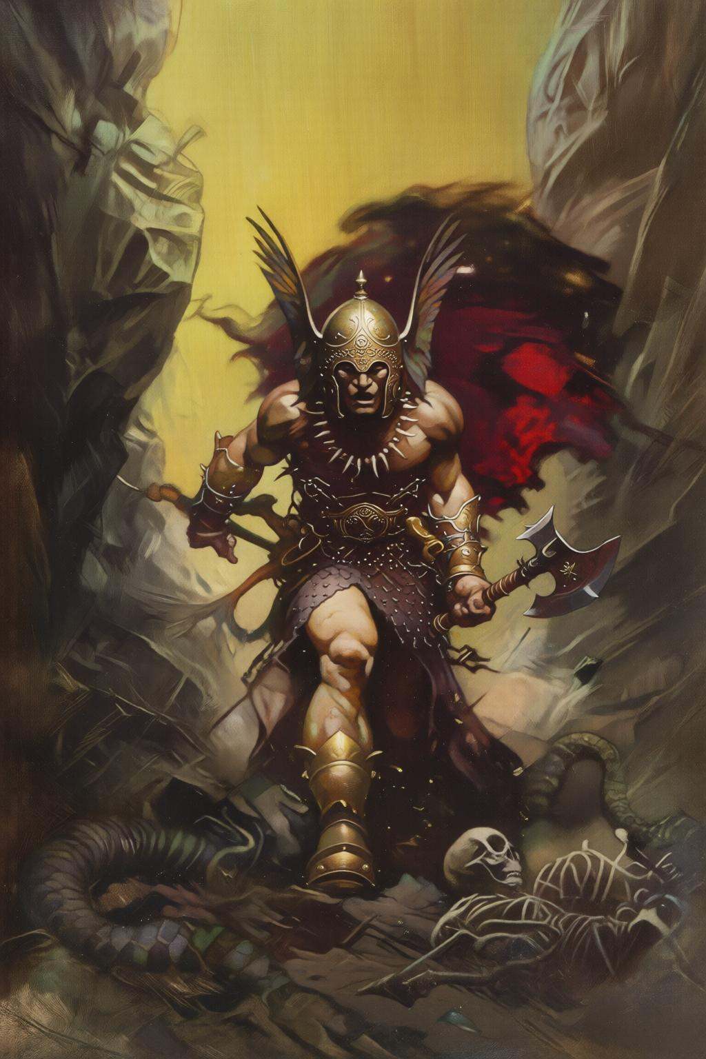 frankfrazetta2 illustration. A muscular warrior stands at the entrance of a cave. He has a beard and is clad in ornate arm...