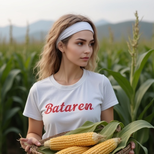 A woman Nasty in her 30s stands in front of a corn field. She is wearing a white T-shirt with the text Betaren and short w...