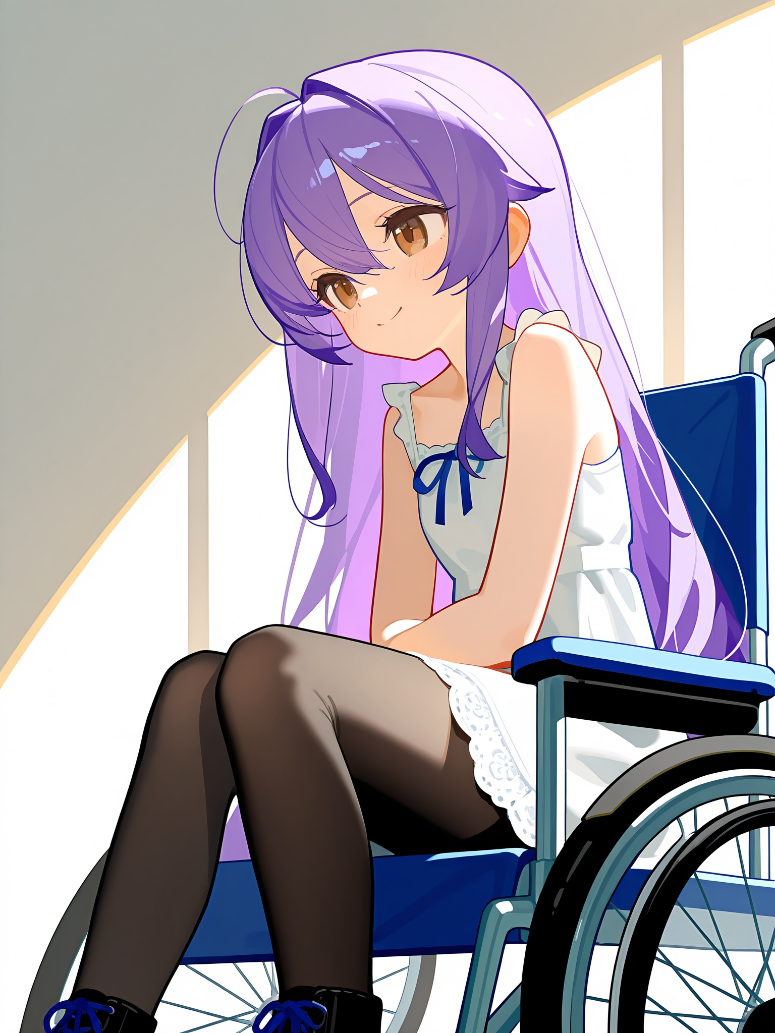 nyalia,artist:tianliang duohe fangdongye,(artist:ningen_mame:0.6),masterpiece,best quality,absurdres,solo,1girl,lilac_hair,hair between eyes,very_long_hair,brown eyes,white_dress,blue lace-up,black pantyhose,wheelchair,sitting,indoors,happy,smile,