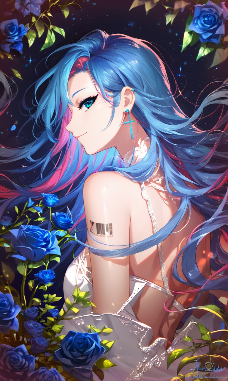 score_9,score_8_up,score_7_up,score_6_up,1girl,solo,long hair,looking at viewer,smile,bangs,blue eyes,simple background,jewelry,closed mouth,blue hair,upper body,flower,multicolored hair,earrings,from side,profile,rose,piercing,cross,black background,ear piercing,blue flower,blue theme,colored inner hair,sideways glance,blue rose,cross earrings,barcode,<lora:Pony-ColorBox-Zycc:1>