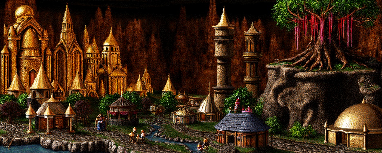 Original HoMM2 style town screen of an expansive underground city within a cavernous environment. The layout features a va...